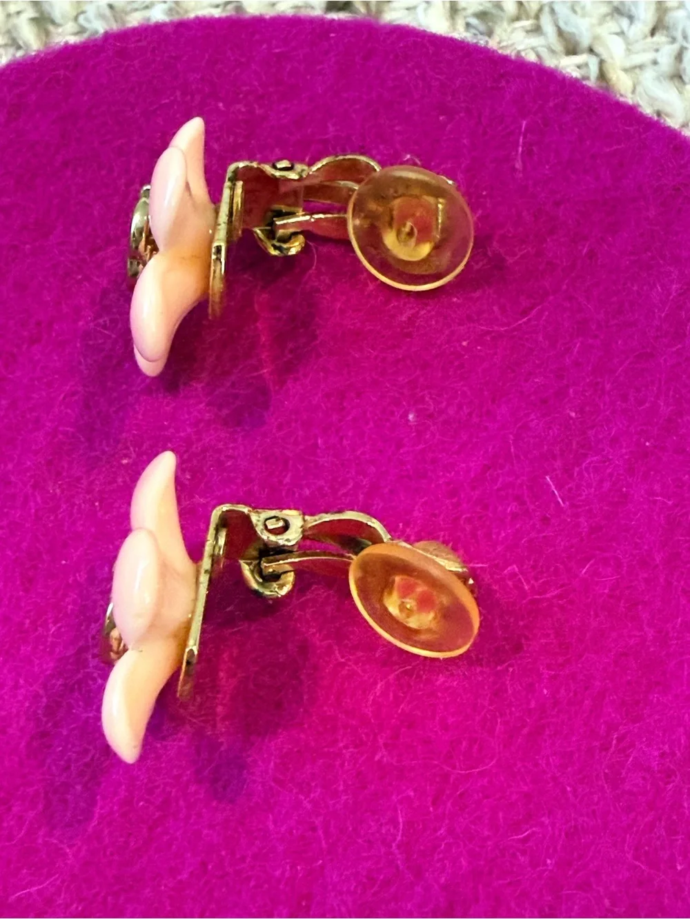 Vintage CHANEL 2003 Pink Resin Camellia Clip On Earrings with Box